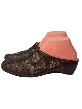 Vintage Pikolinos Floral Cutout Leather Mules Women 39  Brown Slip On Shoes Boho